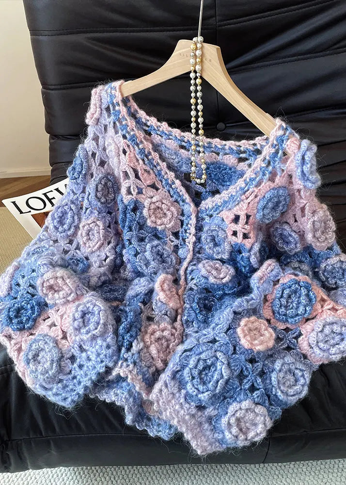 Style Gradient Color Hollow Out Decorated Knit Cardigans Fall