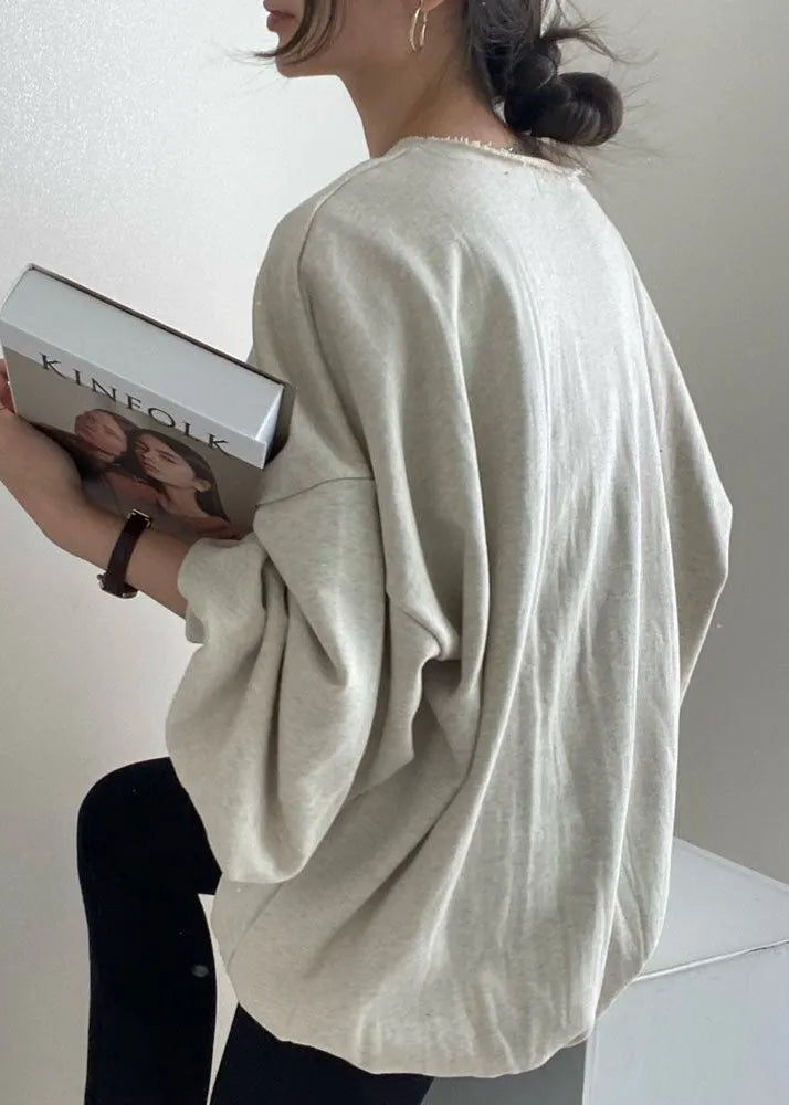 Grey O Neck Patchwork Cotton Top Lantern Sleeve