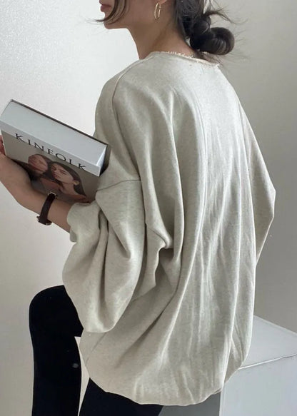 Grey O Neck Patchwork Cotton Top Lantern Sleeve