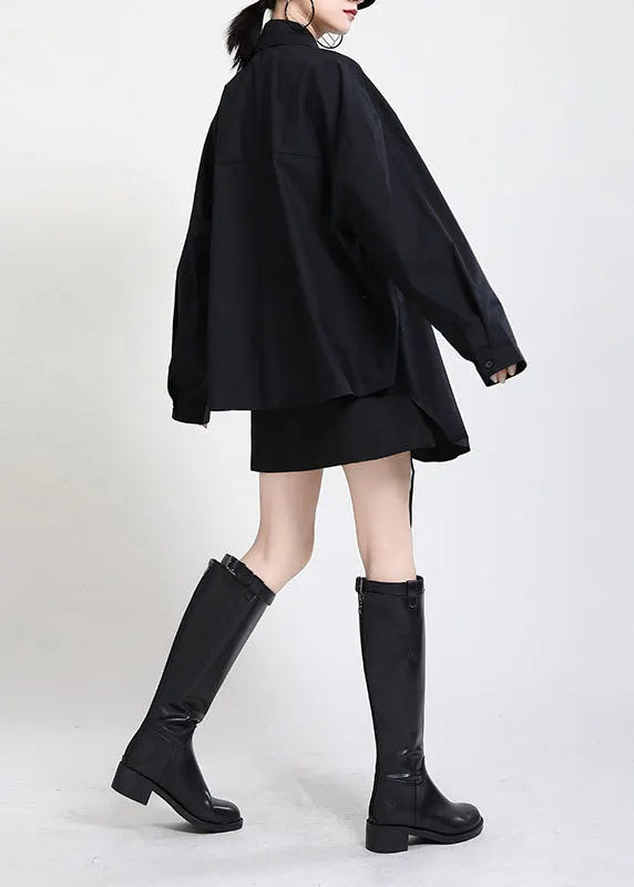 Black Peter Pan Collar Button Asymmetrical Design Drawstring Fall Shirts Long Sleeve