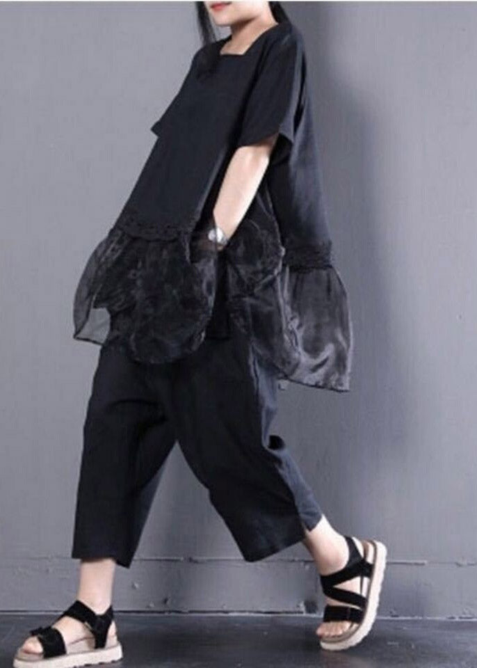Black Oversized Organza Patchwork Top and Harm Pants Two Pieces Set Summer