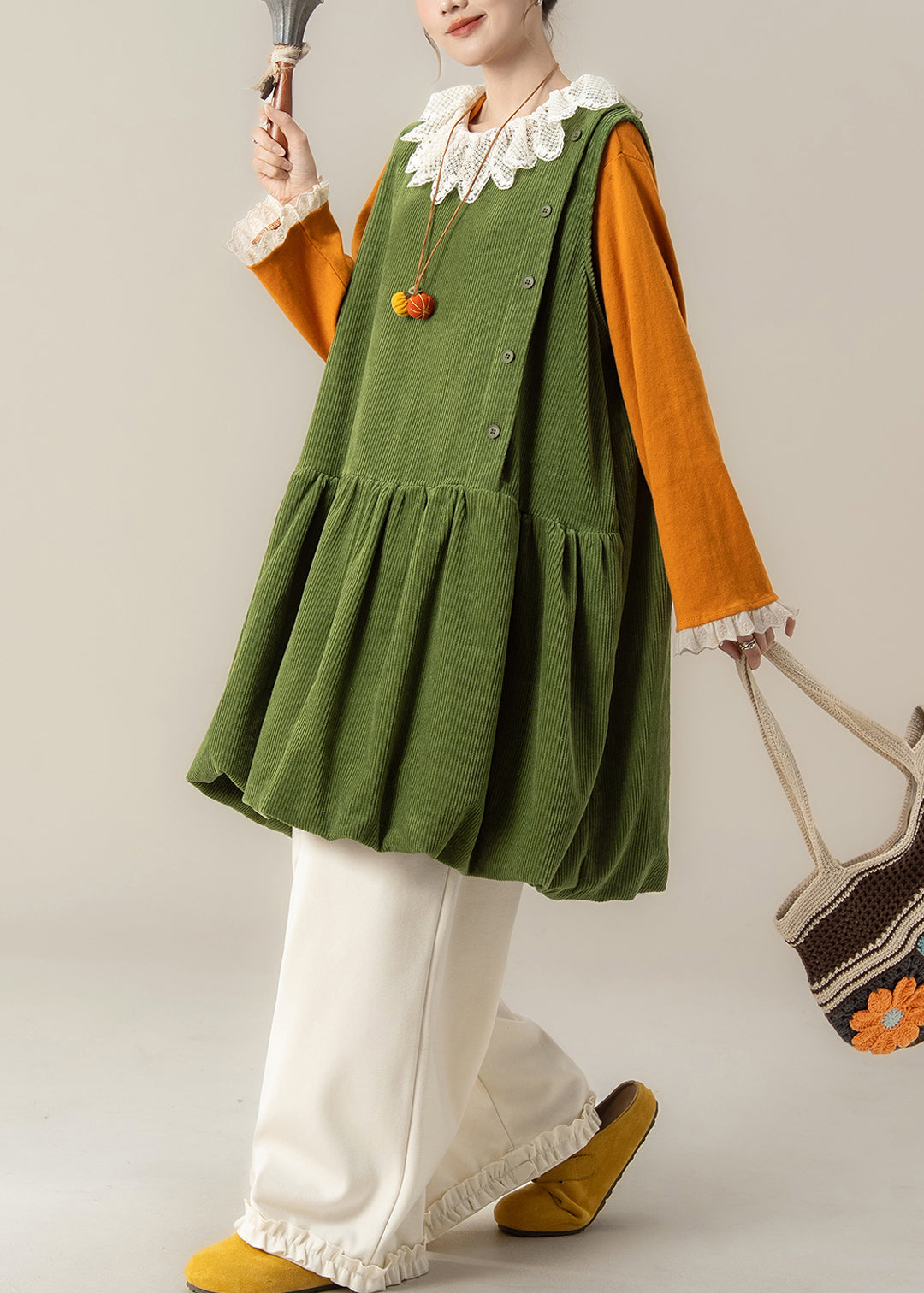Green Oversized Corduroy Mid Dress Spring