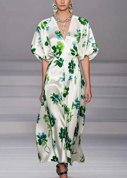Handmade White V Neck Patchwork Print Silk Dresses Lantern Sleeve Summer