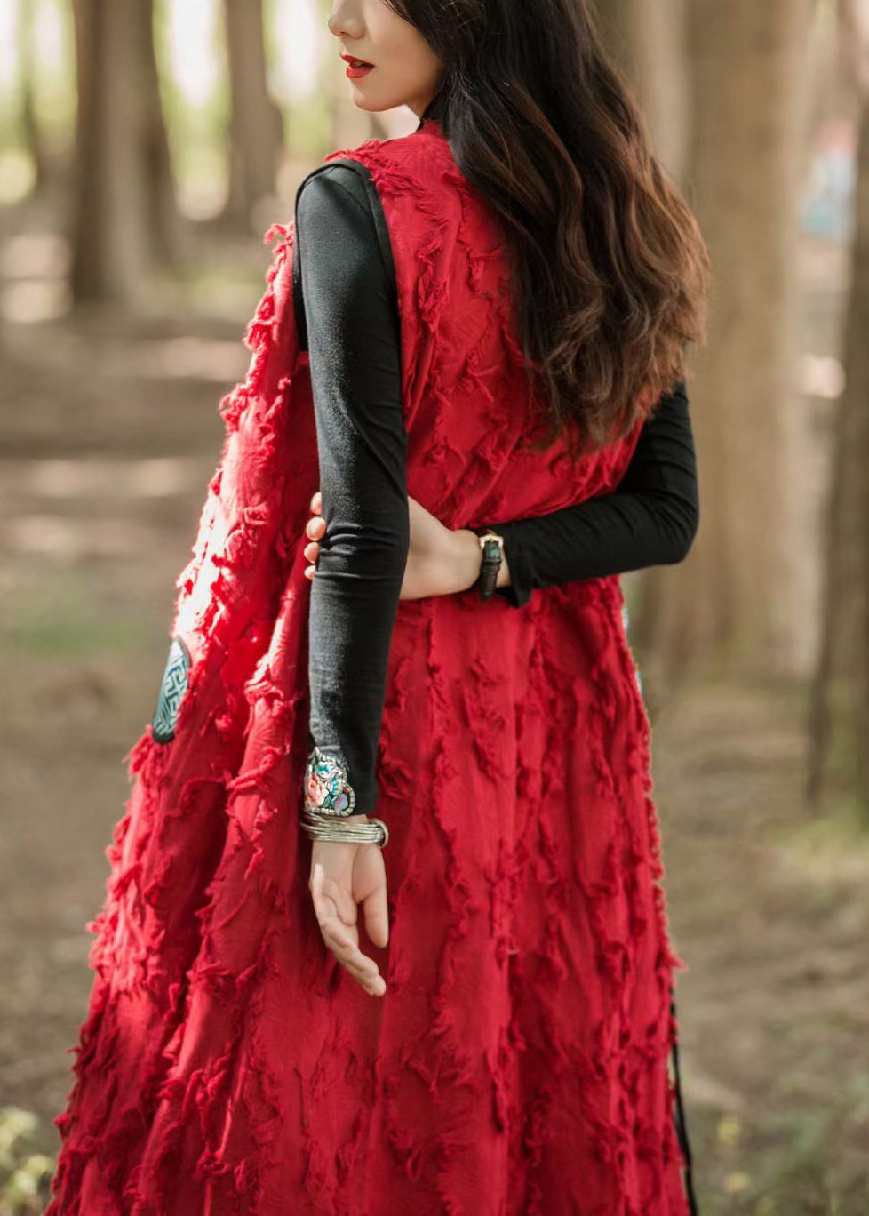 Red Tasseled Pocketspatchwork Cotton Waistcoat Sleeveless