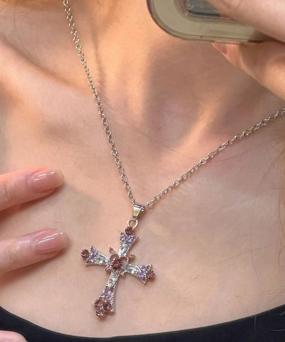 Purple Alloy Zircon Cross Lariat Necklace