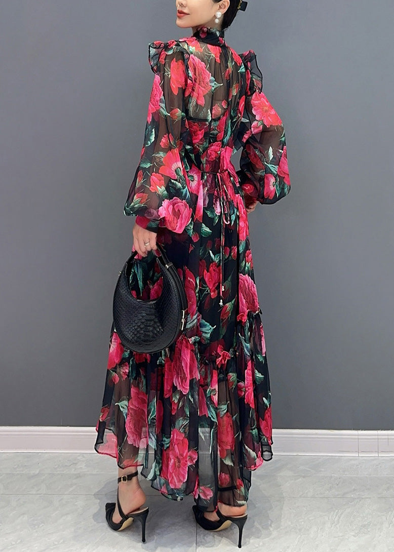 Red Tie Lace Print Chiffon Maxi Dresses Fall