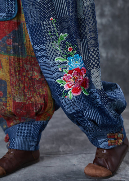 Blue Embroidered Print Cotton Pants Summer
