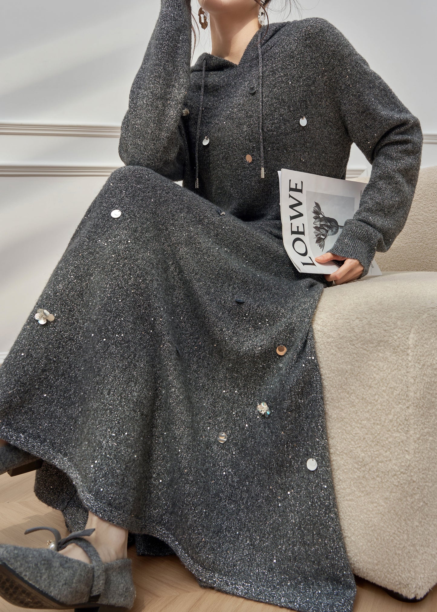 Dark Gray Hooded Sequins Knit Two Pieces Set Winter