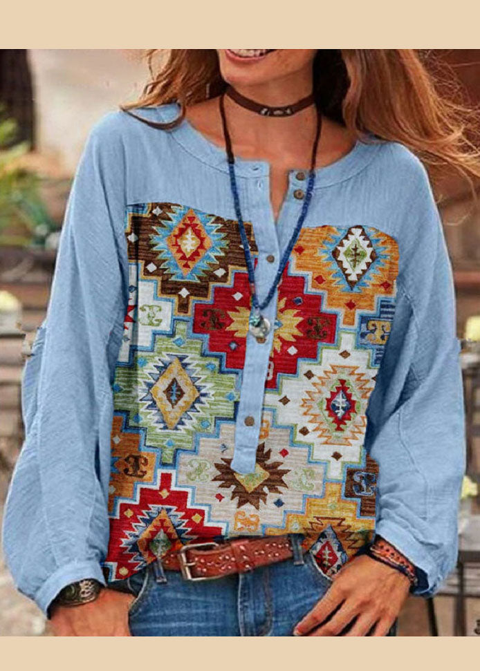 Blue O-neck Button Print Top Long Sleeve