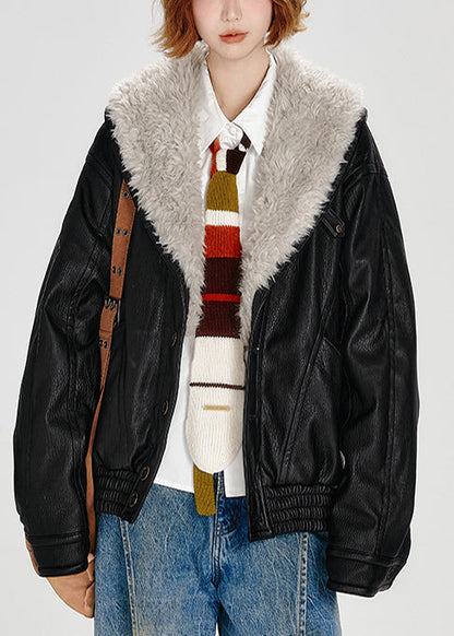 Stylish Black Faux Fur Collar Fine Cotton Filled Faux Leather Coats Winter