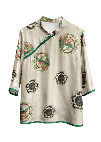 Grey Stand Collar Button Print Patchwork Silk Blouses Spring