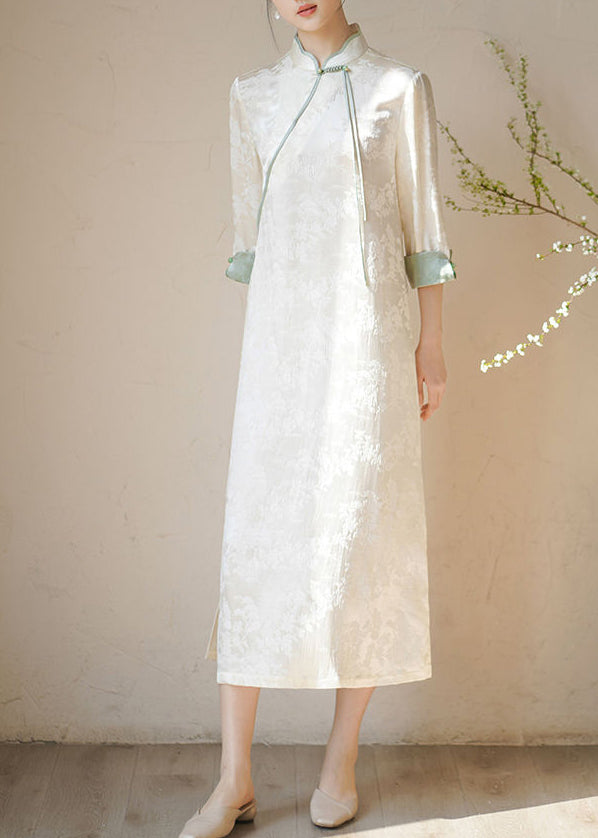 Beige Stand Collar Tasseled Print Patchwork Silk Dresses Fall