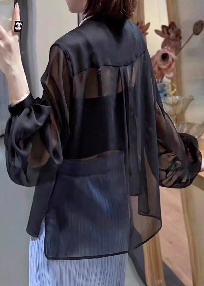 Black Button Chiffon Blouses Stand Collar Lantern Sleeve