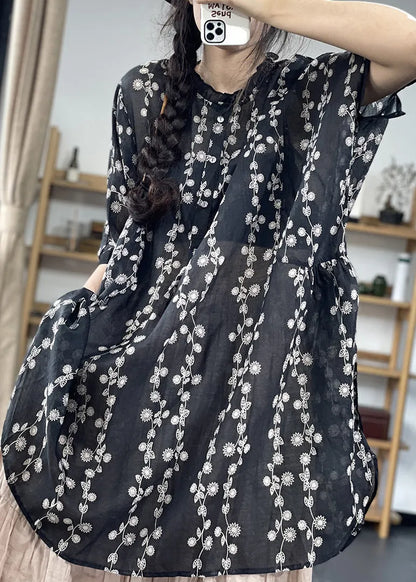 Black Stand Collar Side Open Print Shirt Top Short Sleeve