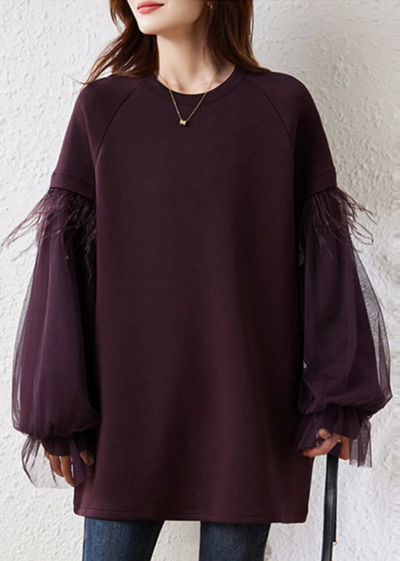 Art Purple Fringe Trim Patchwork Cotton Pullover Fall