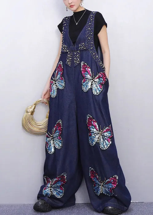 Navy Oversized Butterfly Sequins Denim Jumpsuits Spring