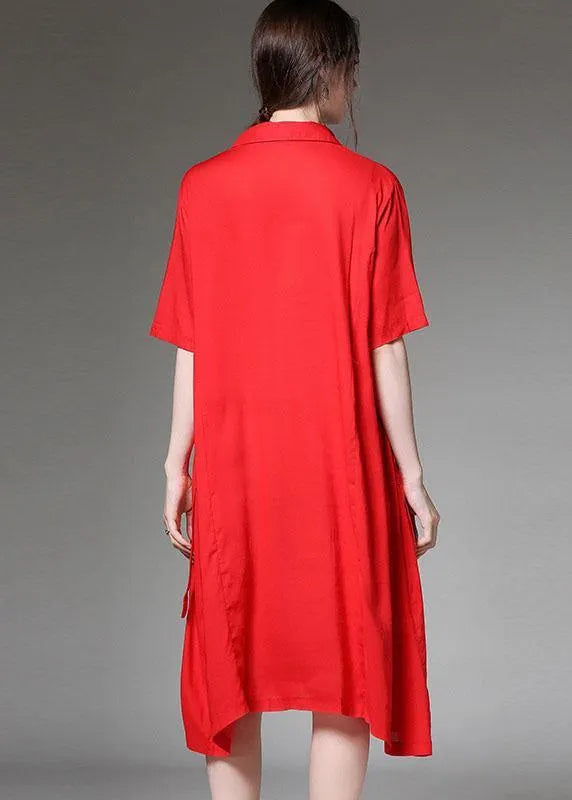 Loose Red Asymmetrical Design Tie Waist Spring Half Sleeve Holiday Dress