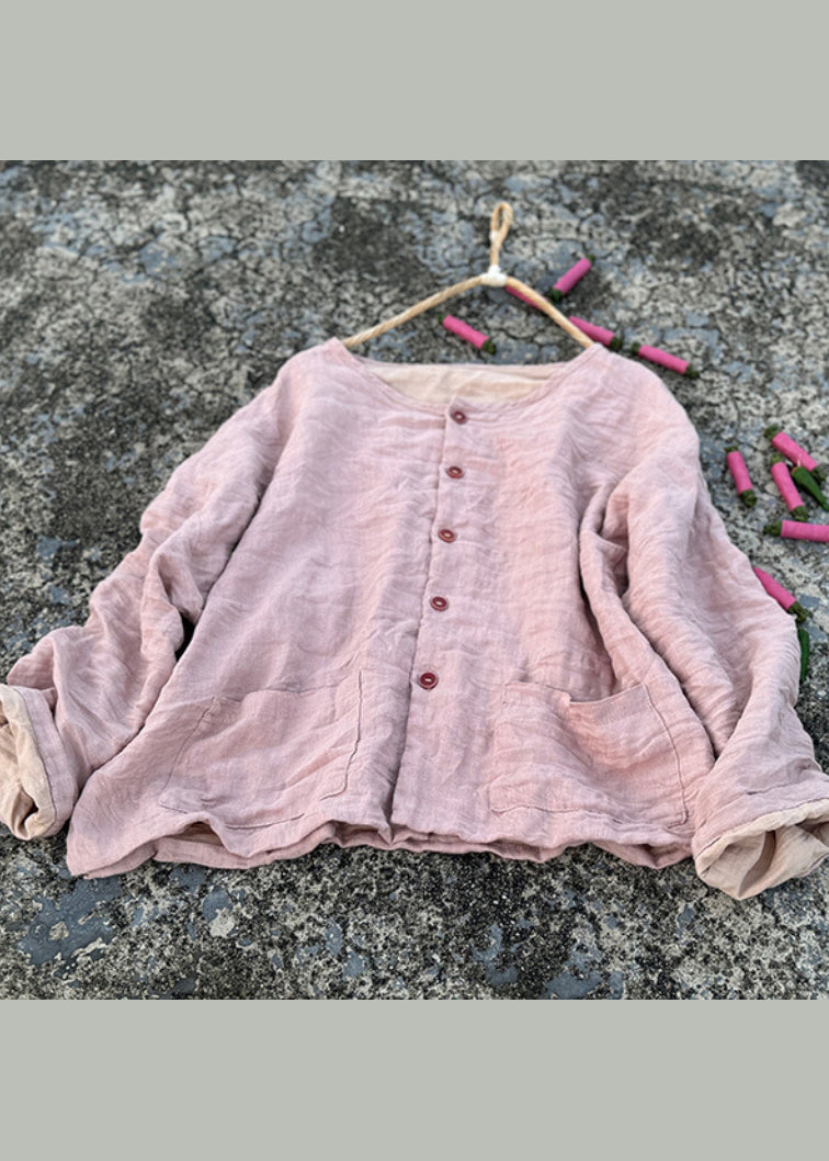 Green O Neck Pockets Button Linen Loose Coat Fall