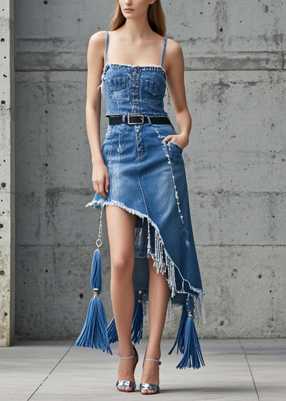 Blue Asymmetrical Tasseled Denim Skirts Fall