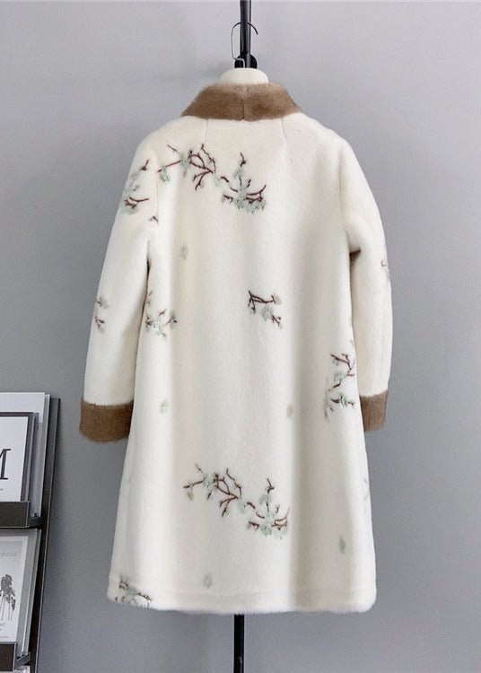 Chinese Style Beige Tasseled Embroideried Mink Cashmere Coat Winter