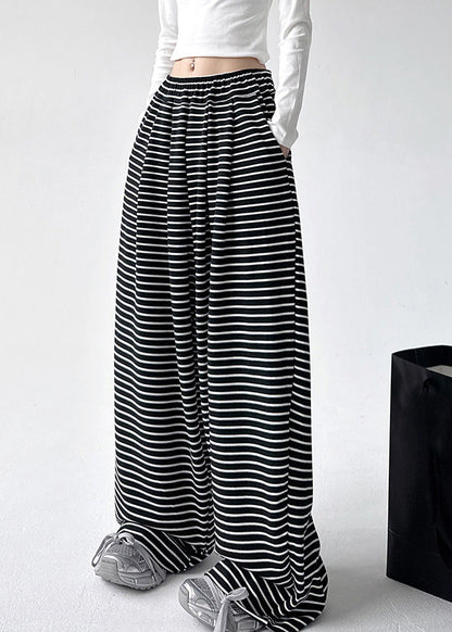 Black White Striped Elastic Waist Wide Leg Pants Spring