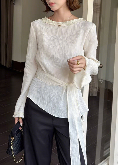 White Asymmetrical Tie Waist Cotton Tops Spring