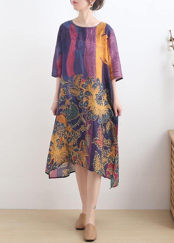 French Purple Print Side Open Summer Ramie Linen Dress
