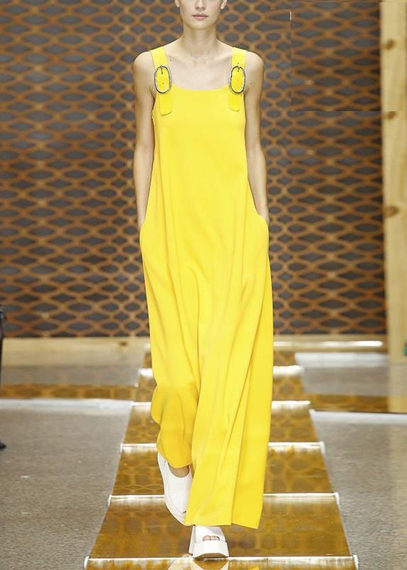 Simple Yellow Pockets Cotton Jumpsuit Pants Sleeveless