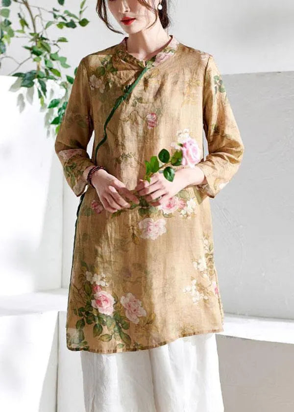 Light Purple Print Tie Waist Asymmetrical Design Spring Summer Ramie Shirt