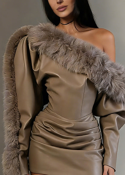 Style Brown Fur Collar Asymmetrical Pu Patchwork Mid Dress Spring