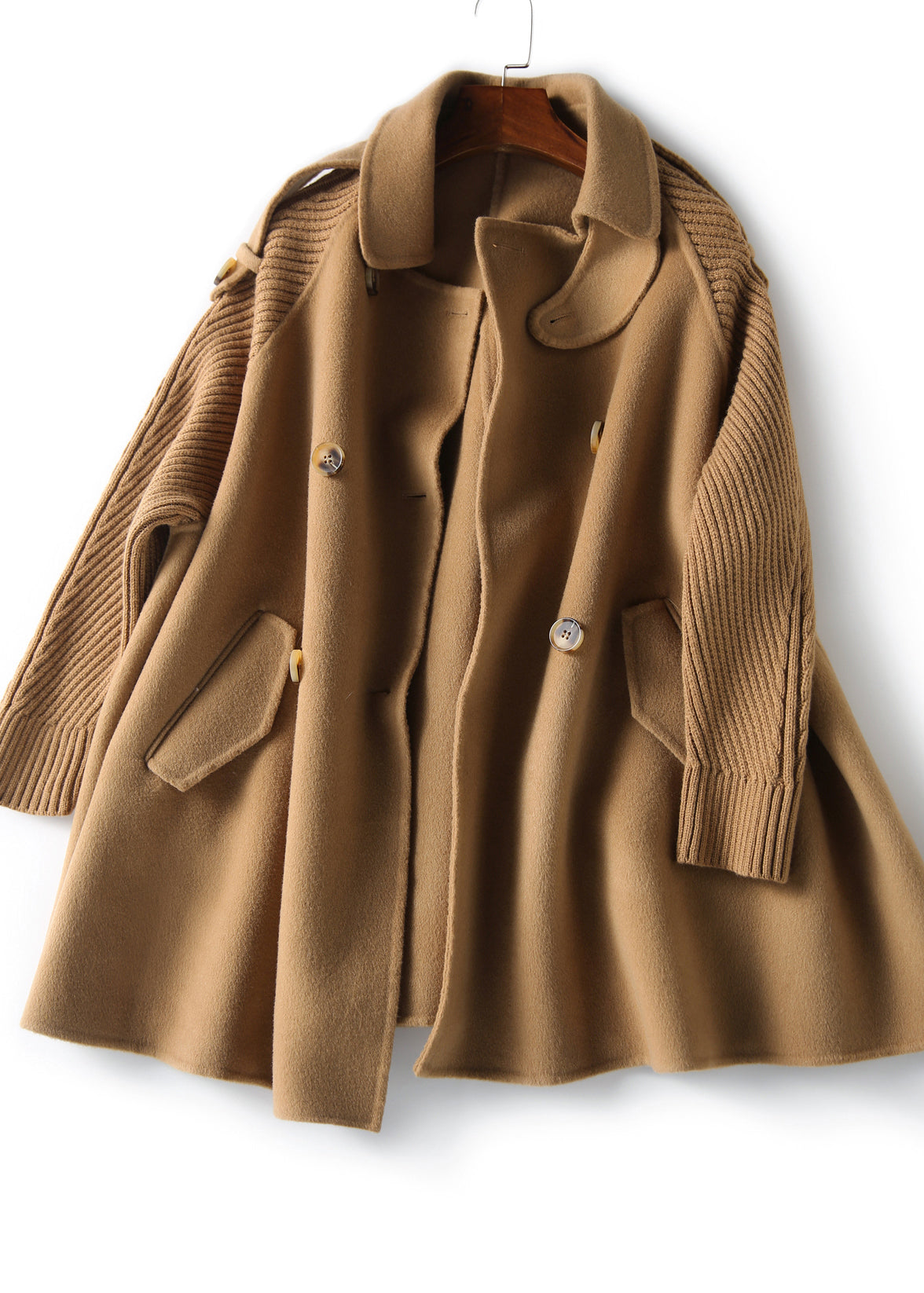 Camel Knitted Patchwork Woolen Coat Double Breast Spring