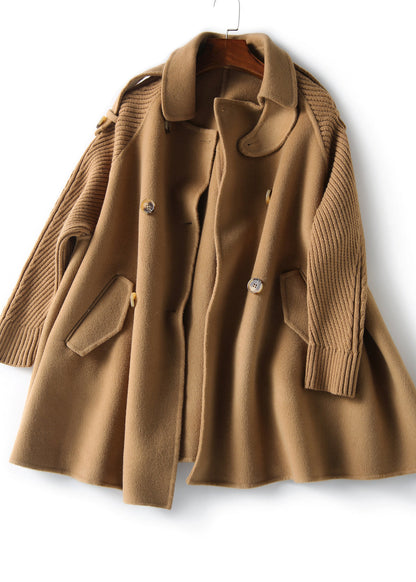 Camel Knitted Patchwork Woolen Coat Double Breast Spring