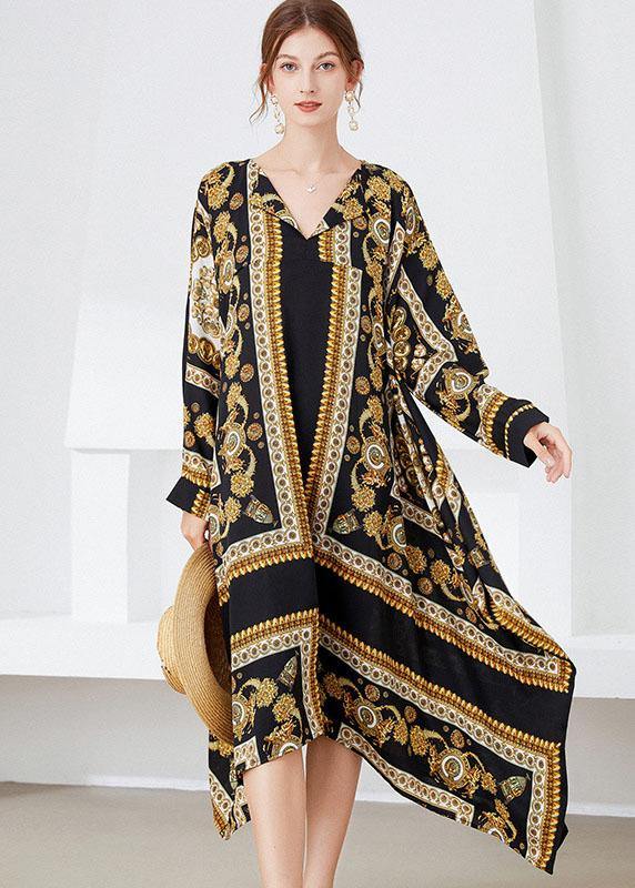 Black Yellow Print Loose Asymmetrical Design Fall Holiday Dress Long Sleeve