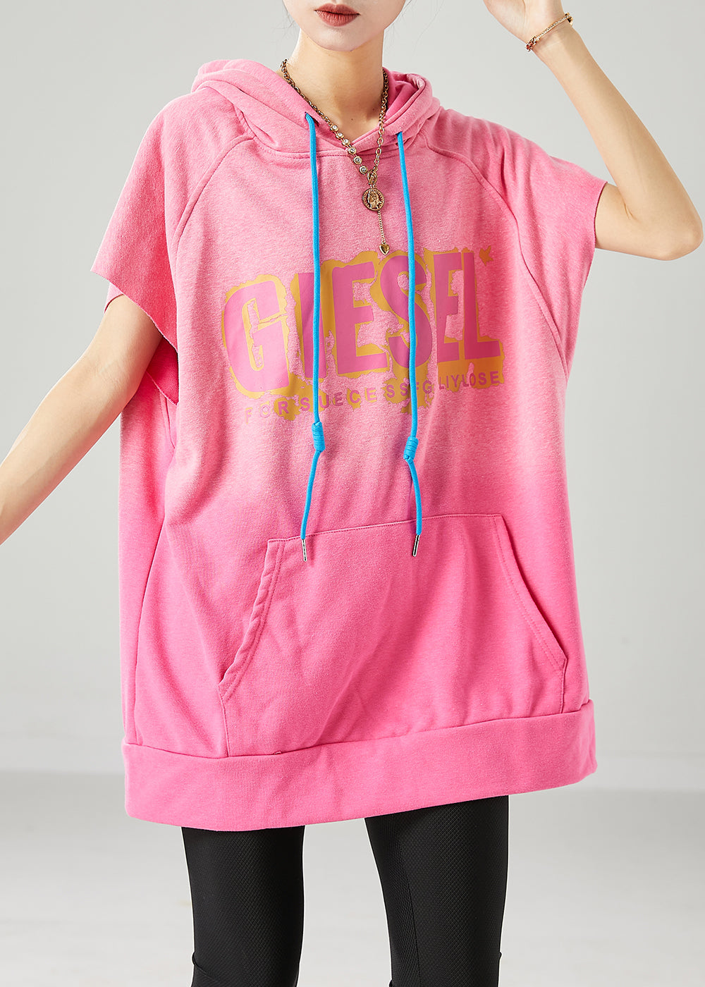 Pink Hooded Letter Pockets Cotton Sweatshirt Summer