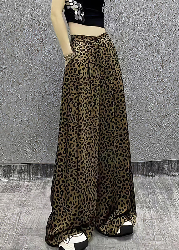 Leopard Pockets High Waist Cotton Wide Leg Pants Summer