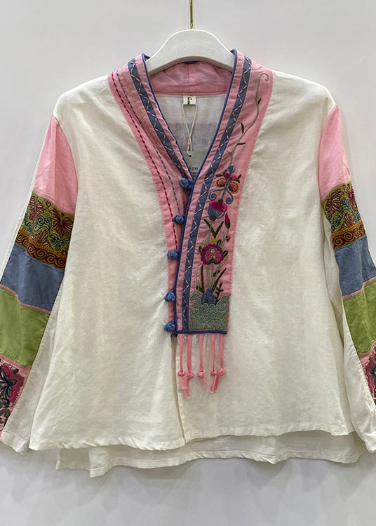 Art White V Neck Embroideried Button Linen Top Long Sleeve
