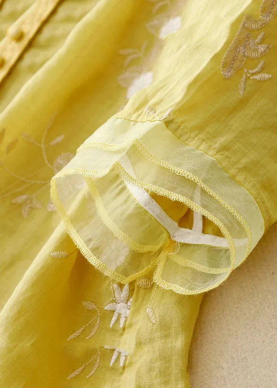 Yellow Stand Collar Embroideried Patchwork Cotton Shirts Bracelet Sleeve