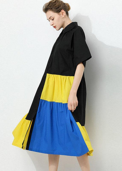 Art Black Patchwork Peterpan Collar Button Summer Cotton Dress Half Sleeve