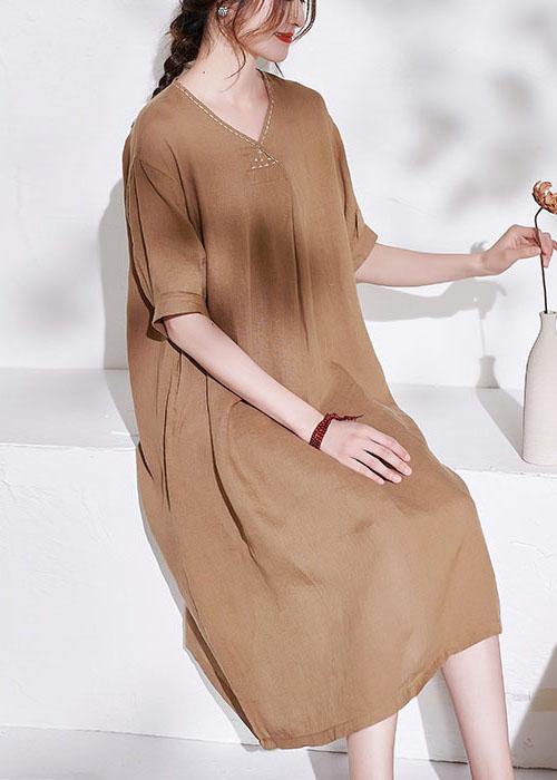 Apricot V Neck Lantern Sleeve Summer Linen Sundress Half Sleeve