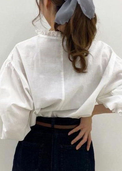 White Lace Ruffled Patchwork Cotton Shirt Top Spring