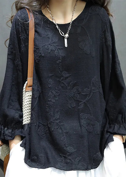 Red O Neck Embroidered Linen Shirt Tops Lantern Sleeve