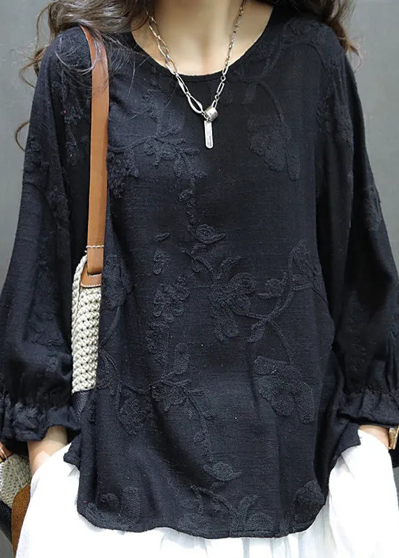 Red O Neck Embroidered Linen Shirt Tops Lantern Sleeve