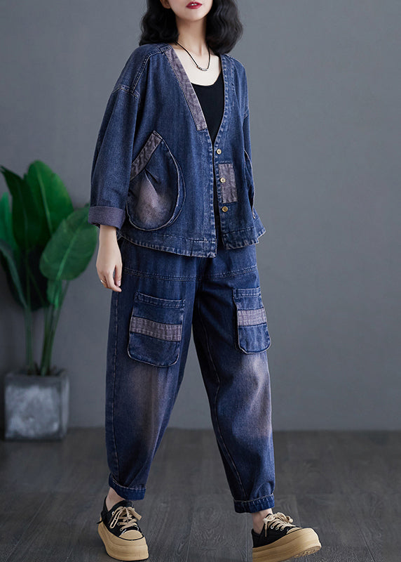 Navy V Neck Patchwork Denim Coats and Harem Pants Two Pieces Sets Long Sleeve