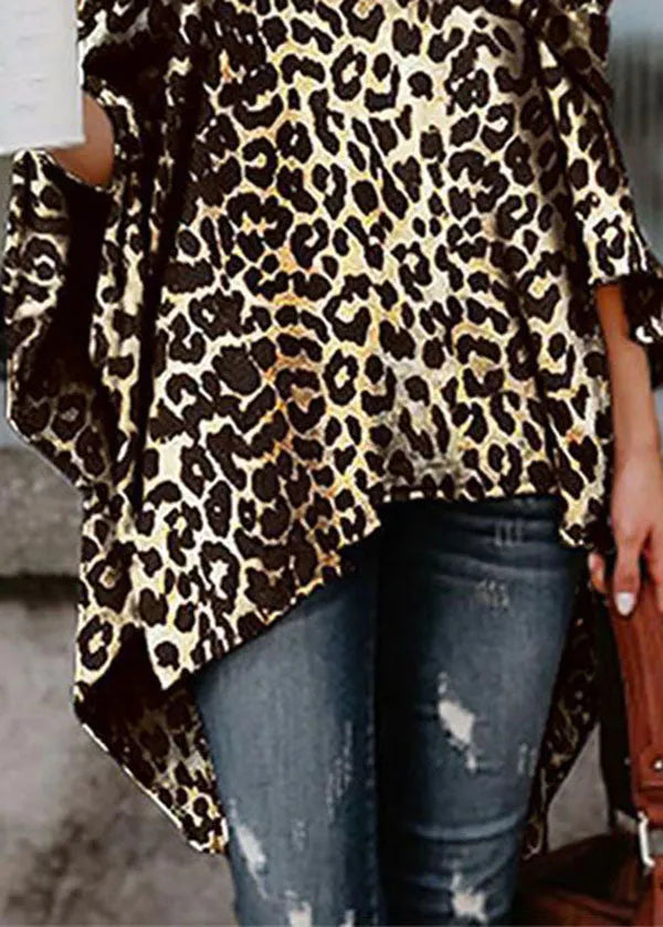Slash Neck Asymmetrical Design Off the Shoulder Leopard Print Top Summer