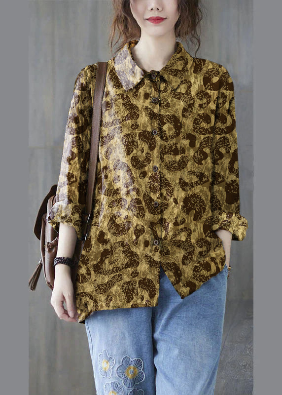 Unique Black Flower Peter Pan Collar Button Print Fall Blouses Long Sleeve