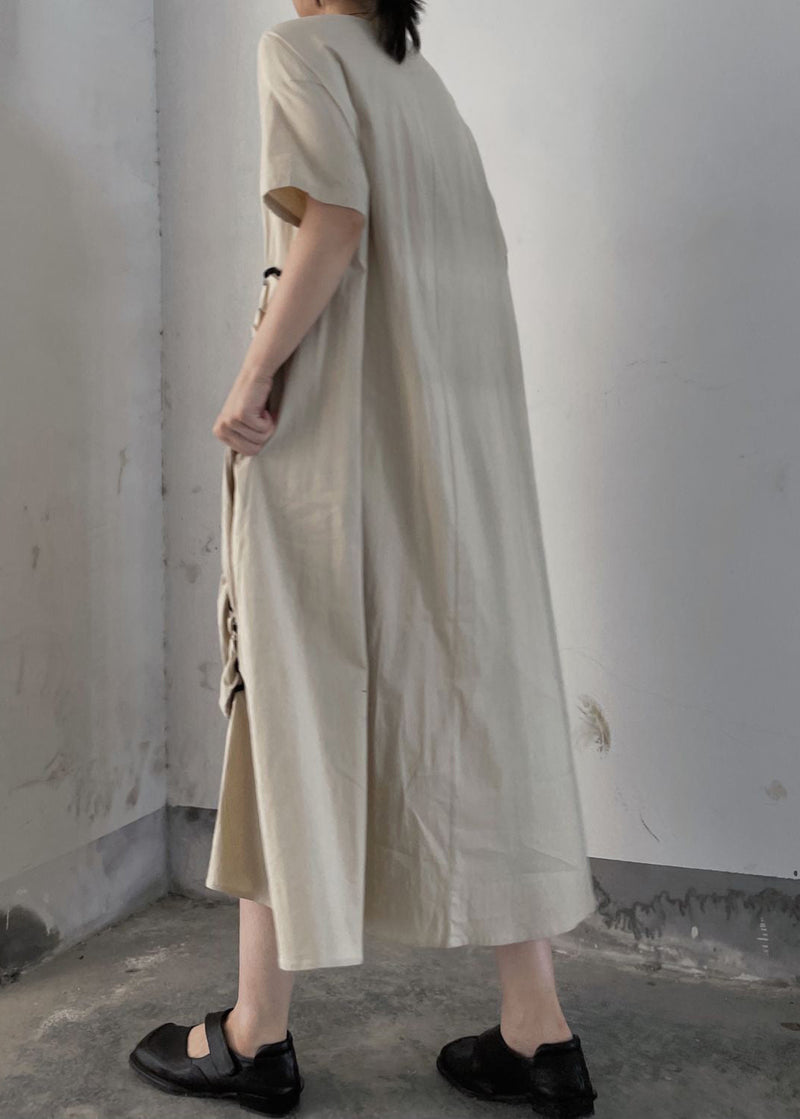 Apricot O Neck Wrinkled Patchwork Cotton Long Dresses Summer