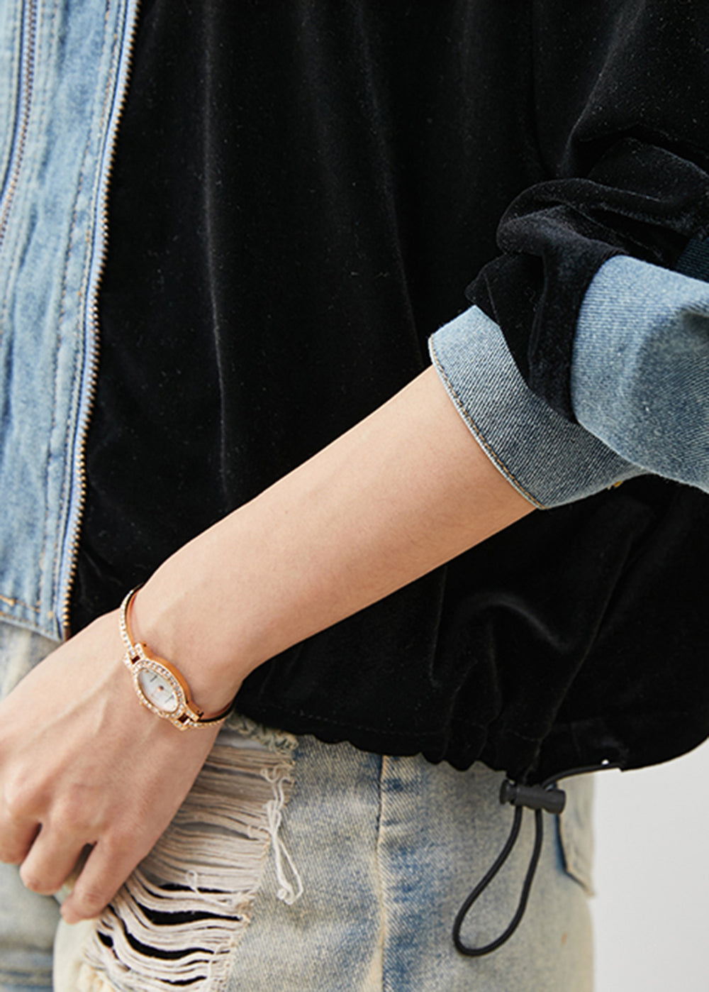 Black Zip Up Patchwork Silk Velvet Denim Coats Spring