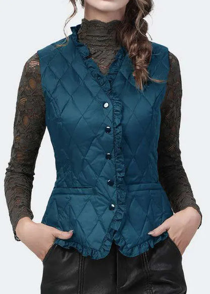 Black Button Ruffled V Neck Fine Cotton Filled Vest Spring