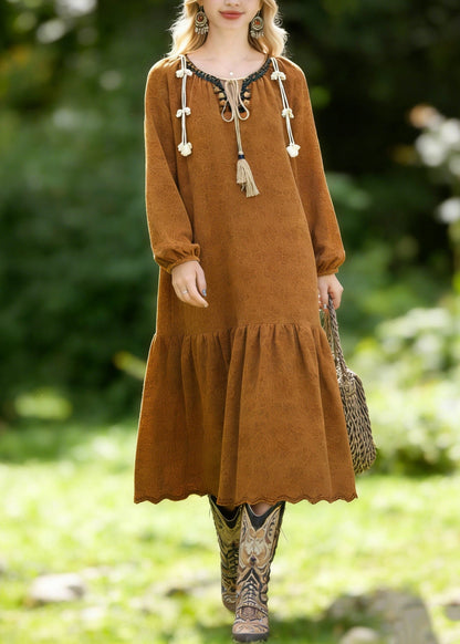 Brown O Neck Jacquard Lace Vacation Dresses Spring