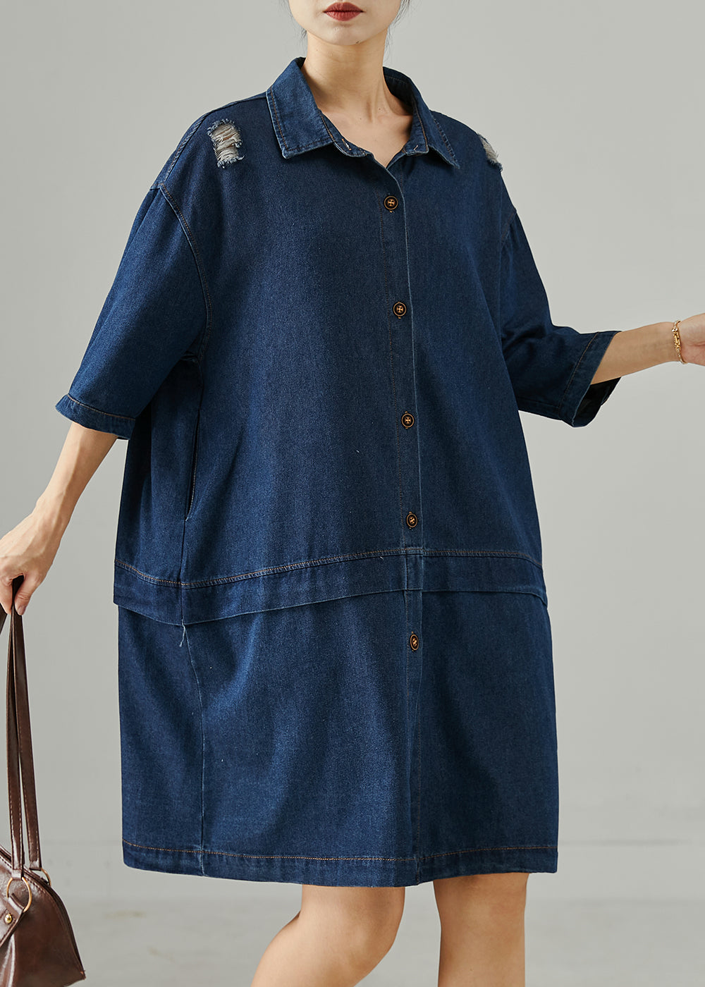 Navy Oversized Patchwork Denim Ripped Dresses Summer